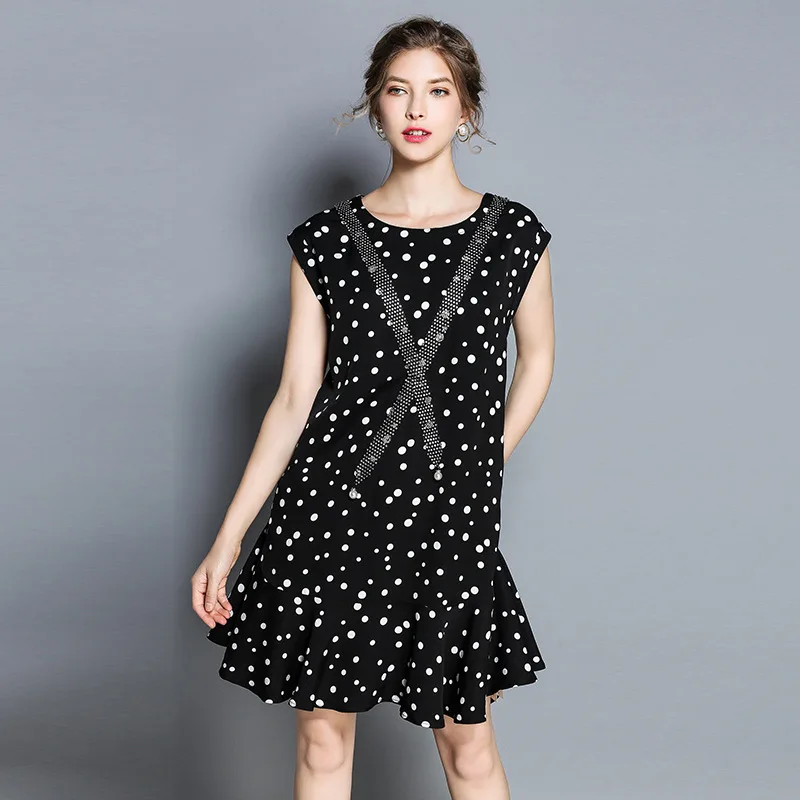 HAMALIEL Brand Clothing Fashion Black Print Dot Mermaid Women Chiffon Dress Summer Beading Ruffles Overlapping Casual Dress