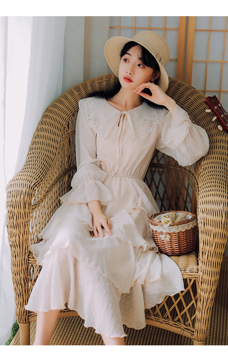 Абрикосовое, Зеленое Шифоновое Платье в японском стиле Mori Girl Ретро Vestidos женские кукольный воротник с длинными рукавами элегантные платья S M L