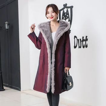

Burgundy Real Mink Fur Parka Jacket For Women Long Coat With Rabbit Fur Neckline And Lining Casual Winter Warm Fur Parka Coats