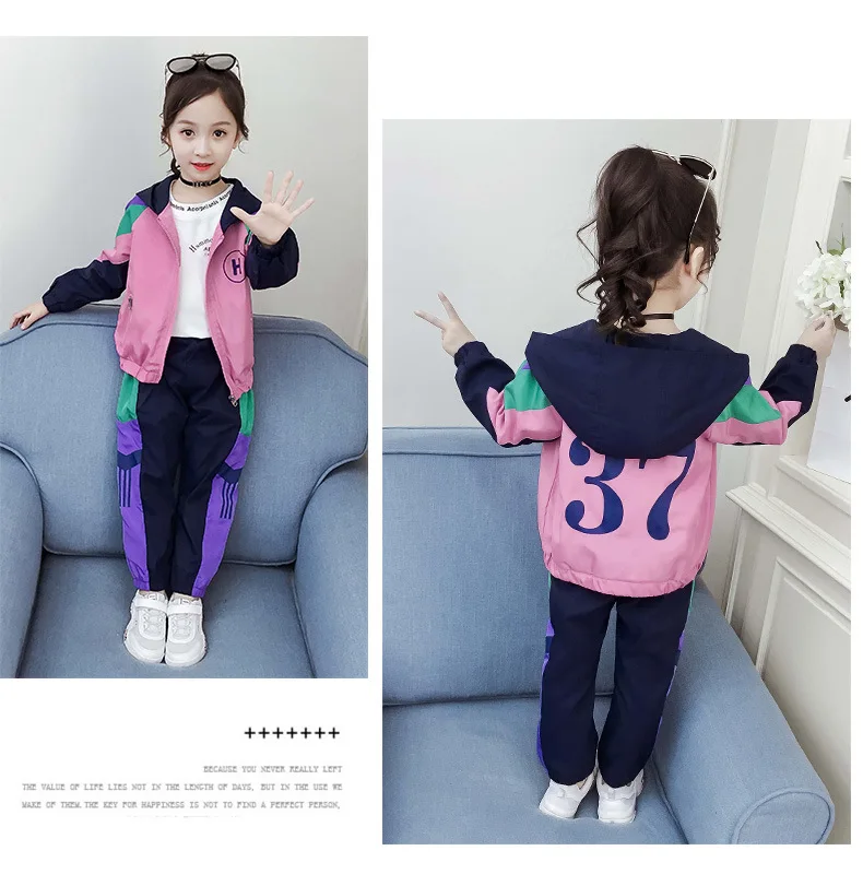Новинка года; осенний комплект для девочек; детский спортивный костюм на молнии спереди; изысканные наряды для девочек; детская одежда для девочек с принтом цифры 37; водонепроницаемая одежда