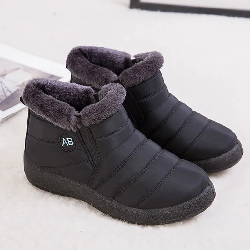 Зимняя обувь; женские водонепроницаемые ботинки; женские теплые зимние ботинки на меху; зимние ботинки без застежки; женские плюшевые ботинки унисекс - Цвет: Черный