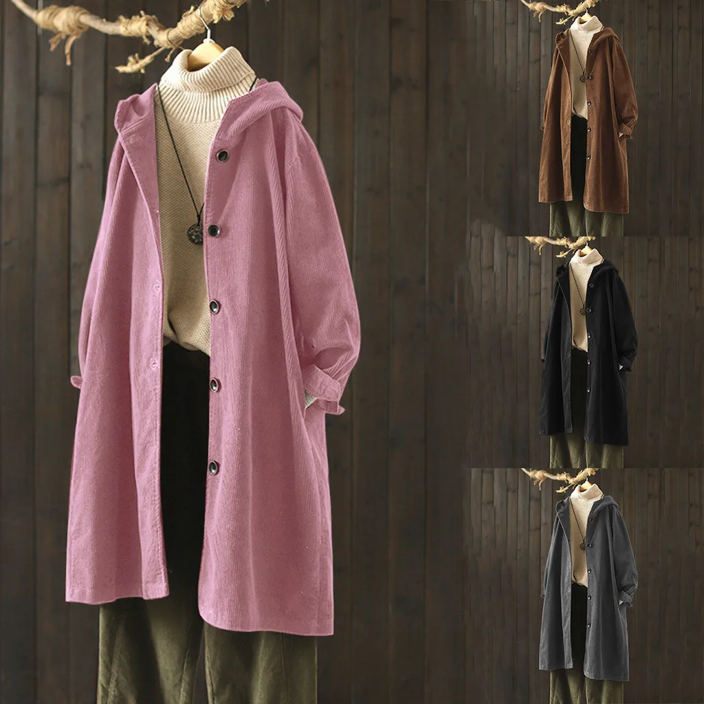 Женское однотонное свободное винтажное пальто с пуговицами и карманами размера
