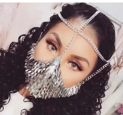 

Cosplay Chain Mask Women Sexy Silver Fish Scale Mask Punk Alloy Head Chain Wear Stage Collection Cosplay Prop