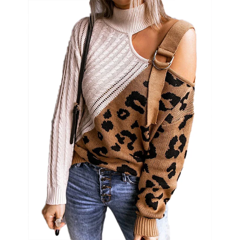 

Knitted Sweater Pullover Half Turtleneck Leopard Print Patchwork Long Sleeves Women Autumn Winter Fashion Casual Warm Soft Tops
