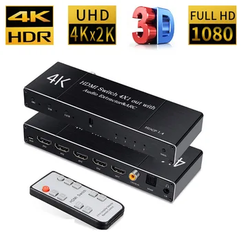 

Robotsky 4K 60Hz HDMI 2.0 Switcher 4X1 Splitter Matrix 4 IN 1 OUT SPDIF 3.5mm Audio Extractor ARC With IR Remote HDMI Adapter