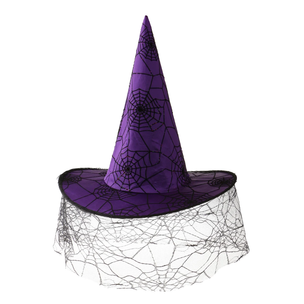 Women Girls Halloween Peaked Cap Veil Spiderweb Purple Satin Witch Hat Party Costume Accessory Women Girls Halloween Peaked Cap Veil Spiderweb Purple Satin Witch Hat Party Costume Accessory