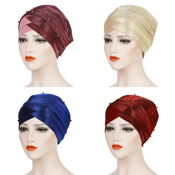 

Women Elastic Turban Hat Muslim Hijab Beads Cancer Cap Head Wrap Cover Scarf Stretch Beanie Bonnet Indian Chemo Hair Loss New