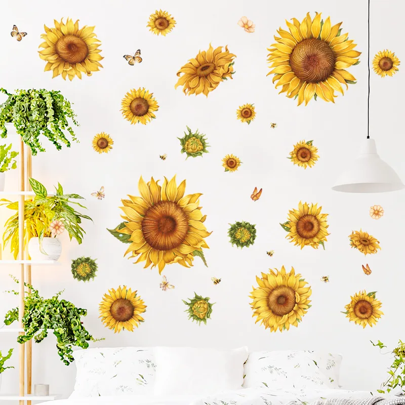 BRUP Beautiful Sunflowers Botanical Wall Stickers for Living Room Bedroom Wall Decoration Decals Hand Drawing PVC wallstickers