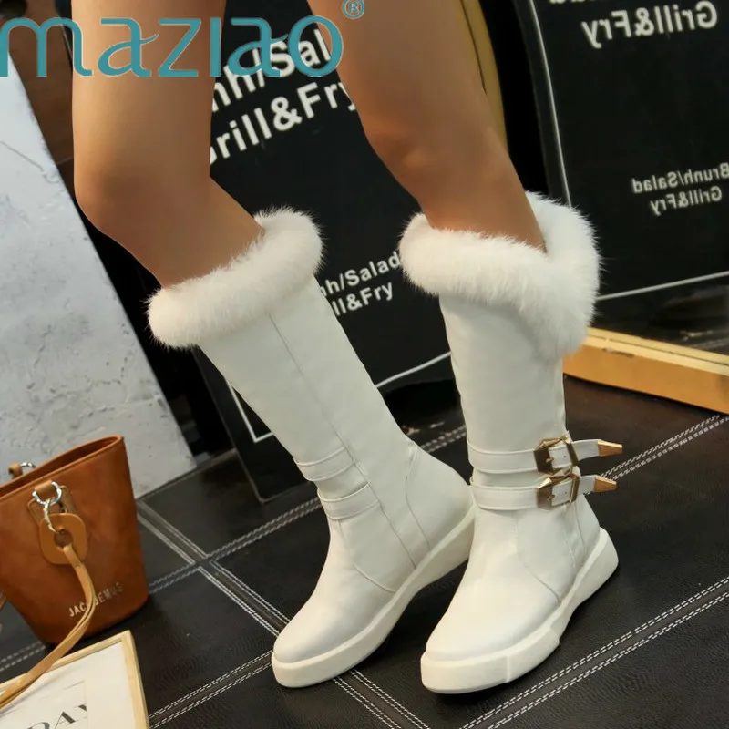 New Winter Fashion Buckle Fur Boots Women Slip on Flats Mid-Calf Snow White Black Metal Decoration Ladies Shoes MAZIAO | Обувь