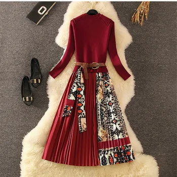 

2020 Elegant Knitted Patchwork Pleated Midi casual red Dress Fall Winter Fashion Women Long Sleeve Ethnic Retro Printing Dress