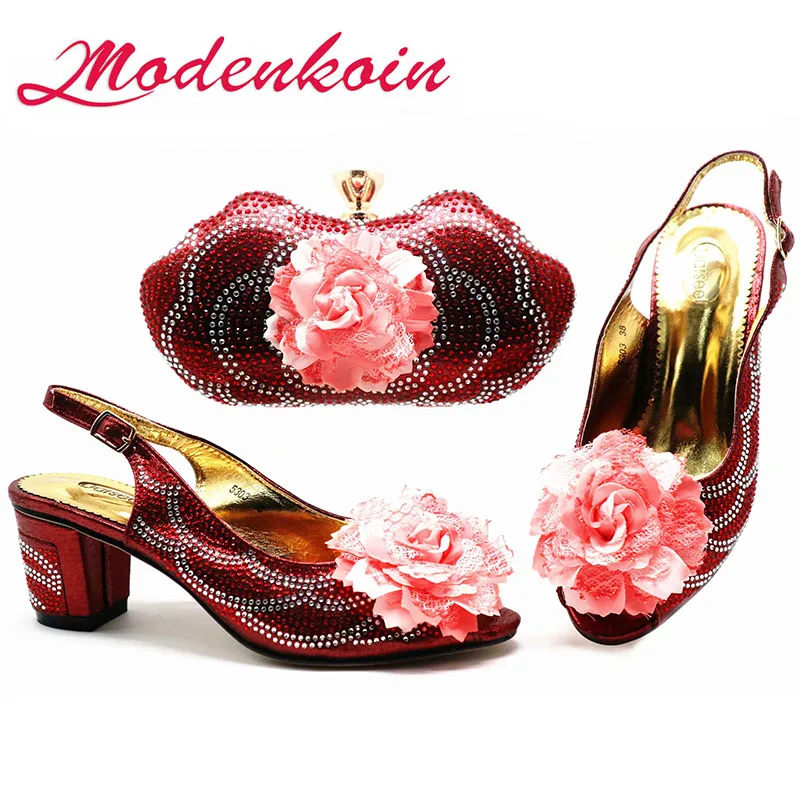 Red Modenkoin/модный итальянский комплект из туфель и сумочки розового цвета; Новое поступление; комплект из свадебных туфель и сумочки в африканском стиле с объемной аппликацией - Цвет: Red