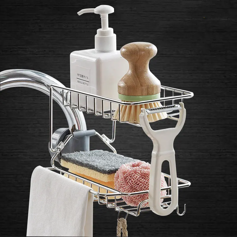 Sink Organizer, Kitchen Faucet Sponge Holder, Drainer Caddy for Dishwashing, Stainless Steel Faucet Storage Rack Hanging
