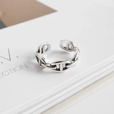 Bijoux простой стиль 925 пробы серебряные полые кольца цепи для женщин Подарки большие Регулируемые кольца на палец