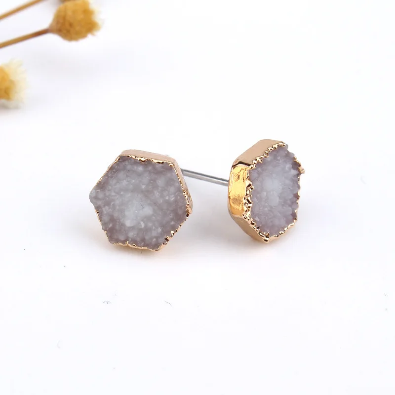 Fashion Bijoux Bohemian Female Slopes Geometric Small Hexagon Earrings Women Jewelry Druzy Resin Stud Earrings Earstuds (5)
