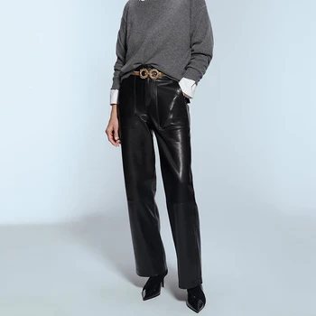 

Women High Waist PU Trousers Casual Zipper Patchwork Faux Leather Black Pants Autumn Spring Straight Pants WB9904