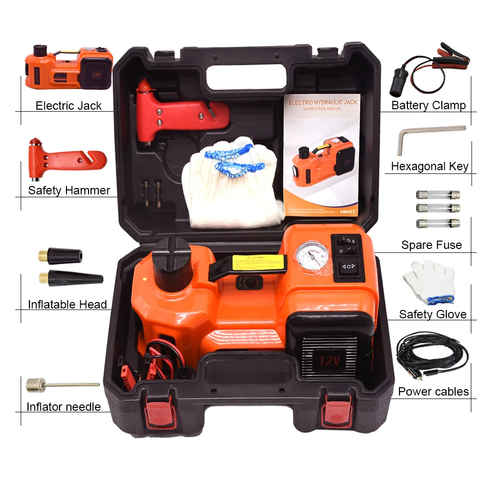 E-HEELP 5.0T 11000lb 12V DC Electric Hydraulic Floor Jack and Tire Inflator Pump and Elecrtric Impact Wrench with LED Flashlight 3 in 1 Set Tool Kit 