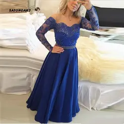 Сатоноаки хит элегантный насыщенного синего цвета Вечерние платья с длинным рукавом Аппликации вечерние кружевные платья длина до пола