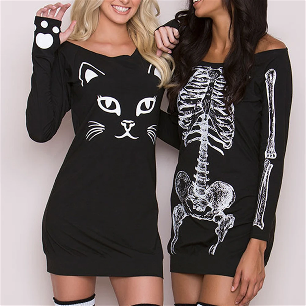 Women Mini Skirt Sexy Long Sleeve Black Dress Skull Cat Printing Halloween Cosplay Costume Club Tight Wear Off Shoulder Dresses | Женская