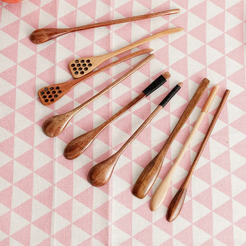Wooden Spoon Mixing Rice Salad Spoon Long Handle Dessert Condiment Sugar Salt Spice Tableware Kitchen Tools 1 Piece