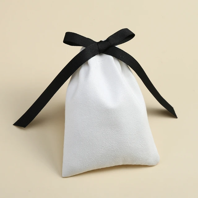 50pcs White Jewelry Packaging with Black Ribbon Velvet Drawstring Bag for  Makeup Wedding party Pouches Small