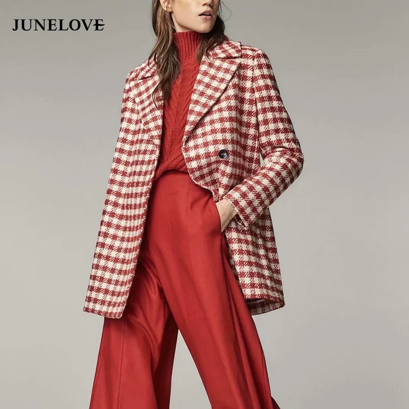 

JuneLove Women Autumn Long Sleeve Coats Jackets Vintage Plaid Female Loose Wool Casual Street Lady Single Breasted Coat Outwears