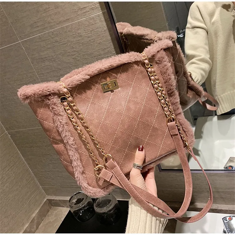 

Winter New Fashion Ladies One Shoulder Slant Chain Pack Furry Bag Crossbody Bags for Women with Clutches