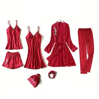 

Solid Embroidery Bride Bridesmaid Wedding Robe Set Silky Satin 5pcs Sleepwear Nightdress Casual Kimono Bath Gown Sexy Homewear