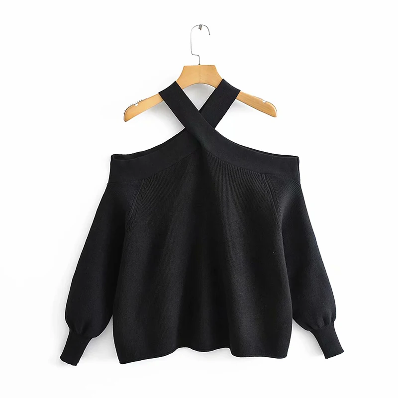 Za женский свитер большого размера сексуальный Холтер Белый с открытыми плечами джемпер с длинным рукавом женский трикотаж