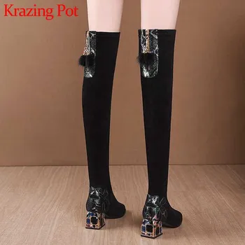 

Krazing Pot big size mixed colors snake stretch flock boots round toe crystal high heels women keep warm thigh high boots L90