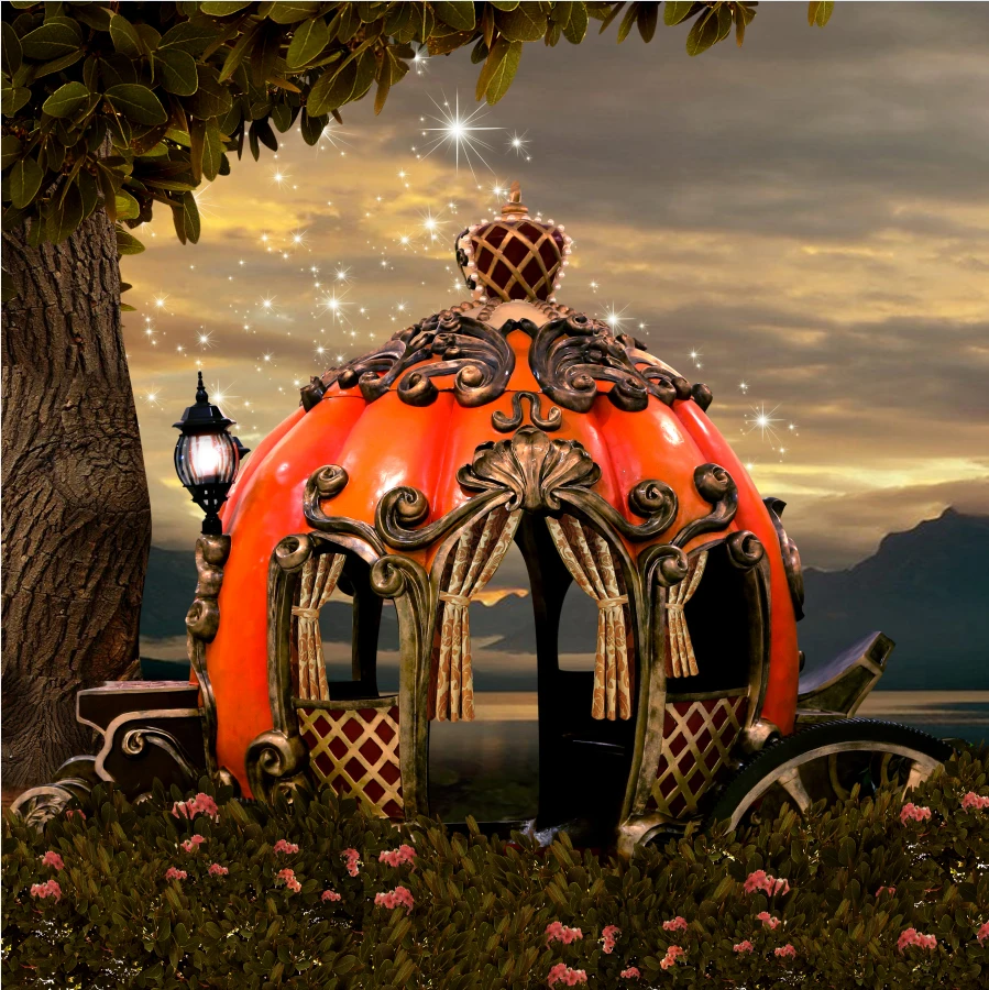 

8x8FT Clouds Sky Mountain River Pumpkin Carriage Cinderella Princess Custom Photo Background Studio Backdrop Vinyl 240cm x 240cm