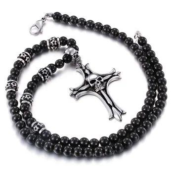 

Skull stainless steel cross pendant necklace fashion men glass ball beaded jewelry