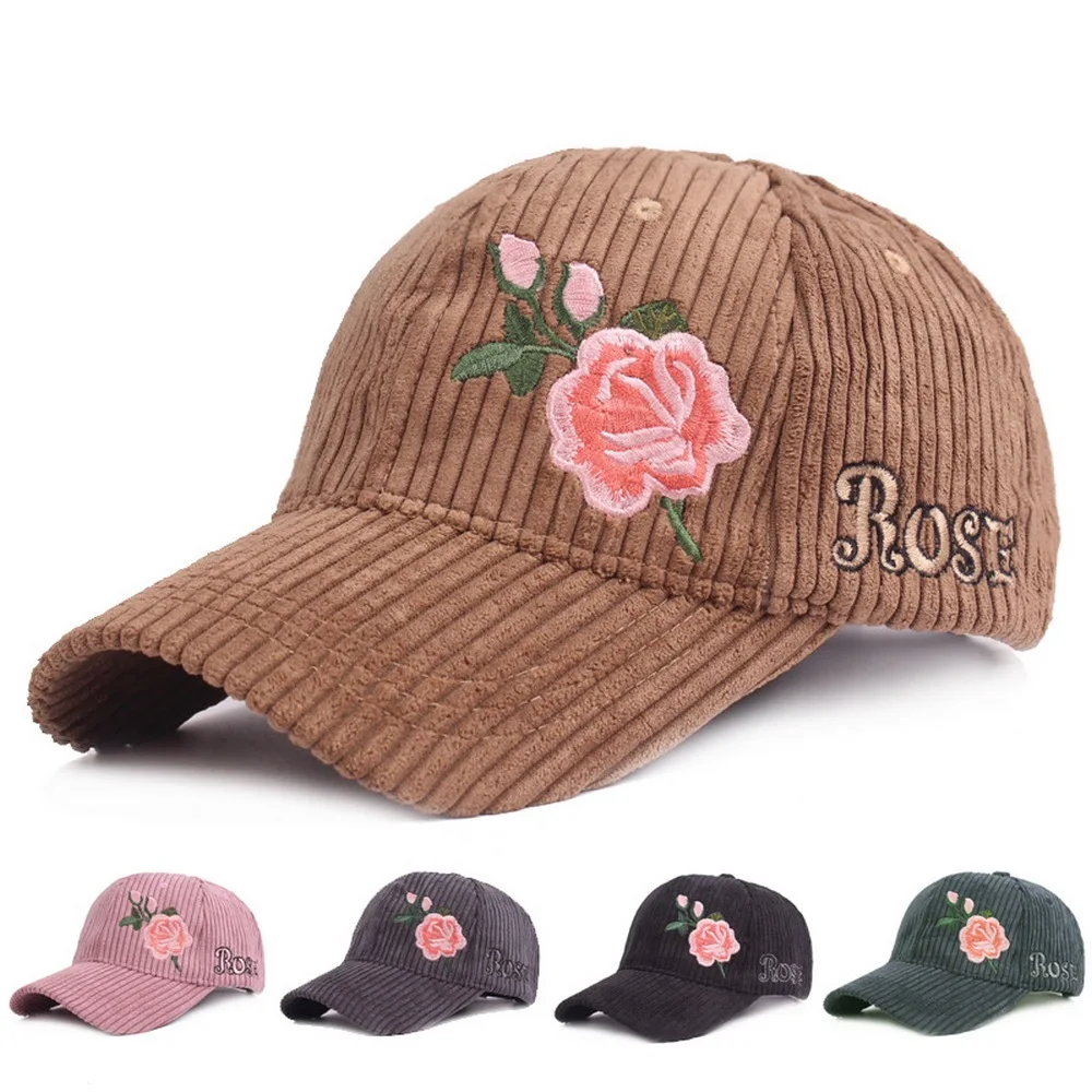 

Women Baseball Caps Autumn and Winter Hats for Female Cotton Rose Pattern Keep Warm Curved Brim Fashion