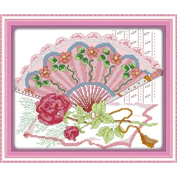 

Everlasting love A rose folding fan chinese Cross stitch kits Ecological cotton stamped printed 14 11CT DIY Christmas decoration