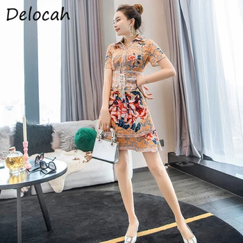 

Delocah Spring Summer Fashion Ruwan Women Dress Short Sleeve Simple Sashes Vintage Printed Slim Female Short Dresses vestoidos