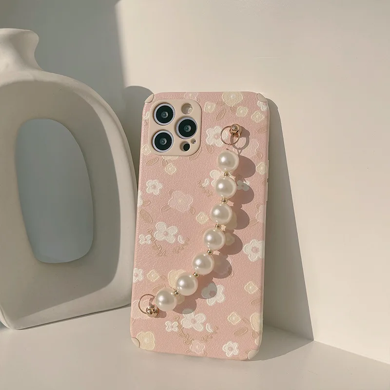Art Pink Floral Flower Pearl Bracelet Phone Case For iPhone 12 Mini 11 Pro Max X Xs Max Xr 7 8 Puls SE Cases Soft Leather Cover