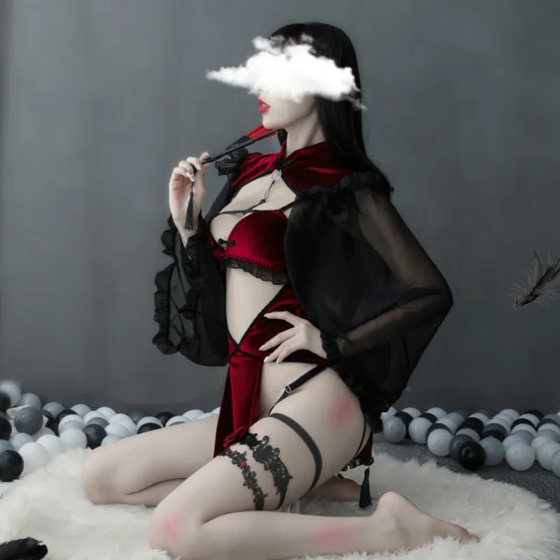 Dark Retro Witch Sexy Hollow Silk Sleeve Cheongsam Sexy Lingerie Set Witch Tight Game Wear Bandage Performance Costume