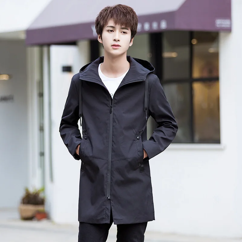 

Mid-length Jacket Men's 2019 Autumn New Style Large Size Hooded Trench Coat Solid Color Slim Fit Versatile Coat a-Piece