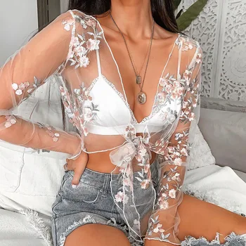 

Beach chic Sexy See Through Flower Embroidery Blouse Women Mesh Crop Tops Ladies Fashion Long Sleeve V Neck Lace Up Top 2019