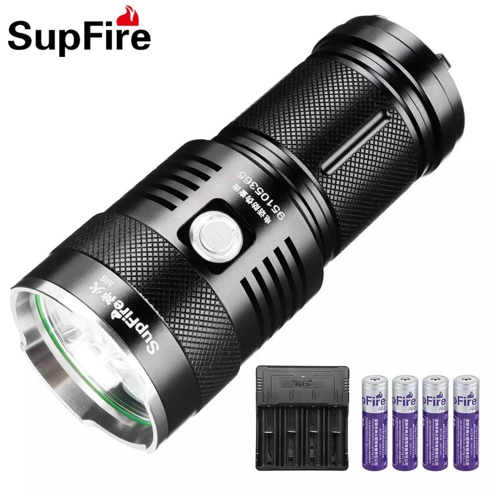 Supfire M6 Strong Light Water-Proof Torch 5 Modes Super Bright Flashlight 2300 Lumens LEDx3 with 4*18650 Batteries and Charger
