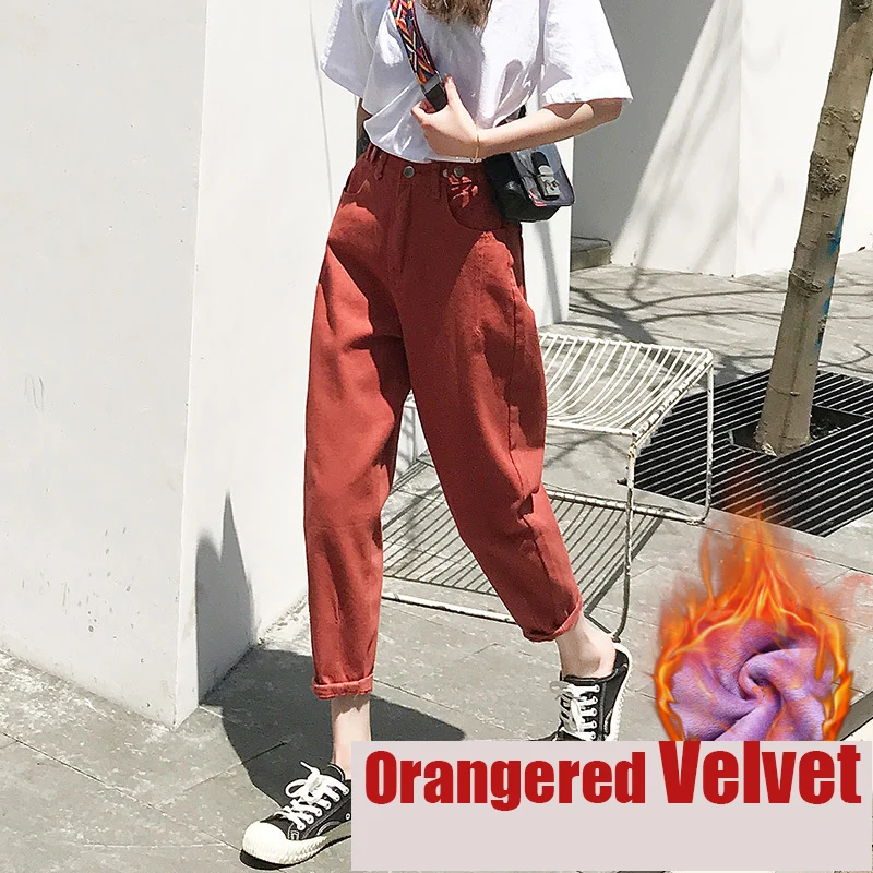Red Velvet LYZCR свободные гарем женские флисовые Джинсы женские яркие зимние теплые джинсы женские джинсовые брюки карандаш с высокой талией зимние брюки - Цвет: Red Velvet