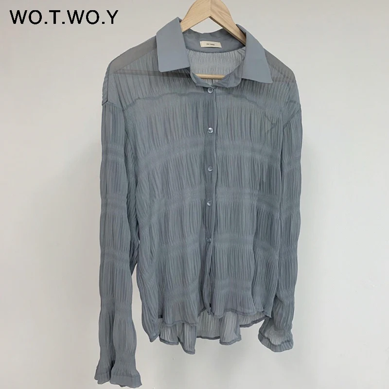 B19357Blue WOTWOY весна лето сексуальные женские блузки плиссированные пуговицы отложной воротник полупрозрачные женские рубашки повседневные тонкие Топы для женщин - Цвет: B19357Blue