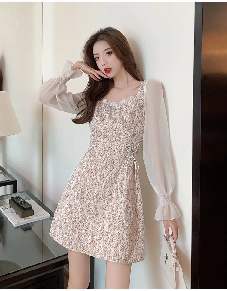 Long Sleeve Dress Women Lace Streetwear Trendy Lovely Square Collar Summer Sweet Stylish Ulzzang Female Leisure All-match Mujer wedding guest dresses