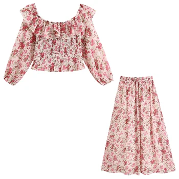 

2020 NEW Summer Women 2 pieces Set red floral print full sleeve shirt ankle-length skirt Suit female casual woman clothes