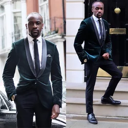 Vintage Mens Suit 2-Piece Custom Made Green Velvet Jacket+Black Pants Formal Business Suits Set Costumes Hommes