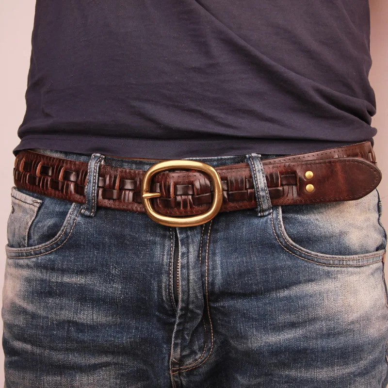 

Designer Belt Man Fashion Mens belts luxury brass buckle genuine leather braided Real Cow skin straps men Jeans Wide girdle Male