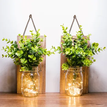 

2Pcs/Set LED Fairy Light Mason Artificial Flower Sconce Wall Hanging Jar Rustic Christmas Gift Home Party Decoration