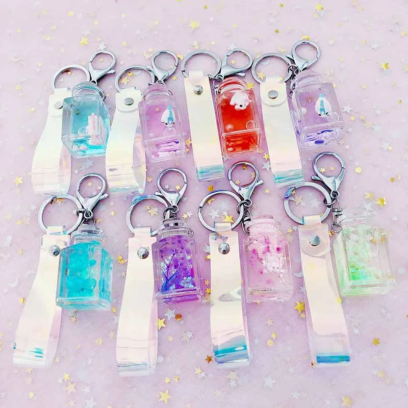 

Fashion Dried flower unicorn milk tea acrylic Keychain Moving Liquid oil Keyring Decompression Key Chain drift bottle Best Gift