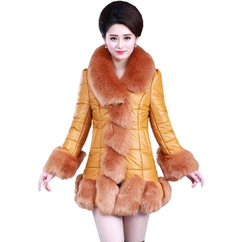 

New Winter leather Jacket Women thick Warm fur one PU leather Jackets Plus size women's long Imitation Fox fur windproof Jackets