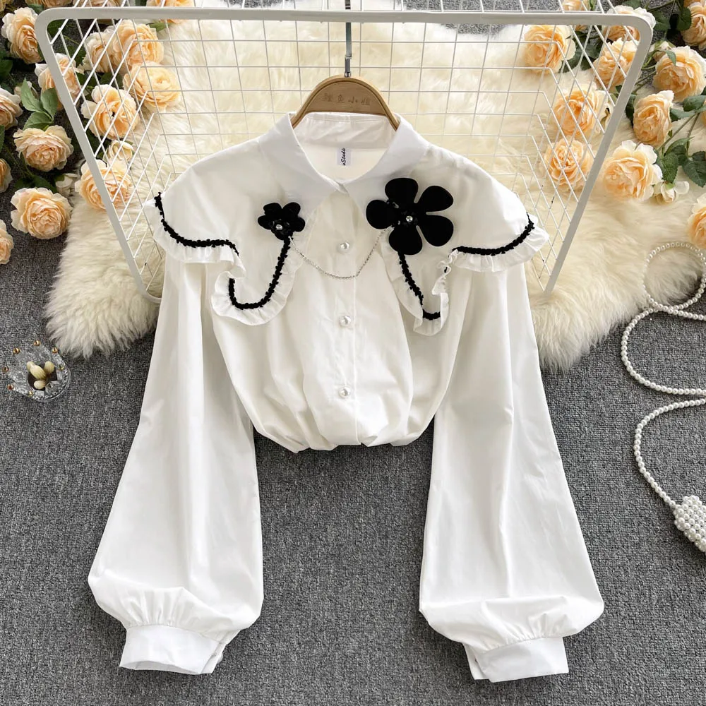 C717 Women's New Fashion Autumn Flower Large Lapel Wear Sweet Long Sleeve Shirt Tops Mujer White Black Casual Blouse | Женская