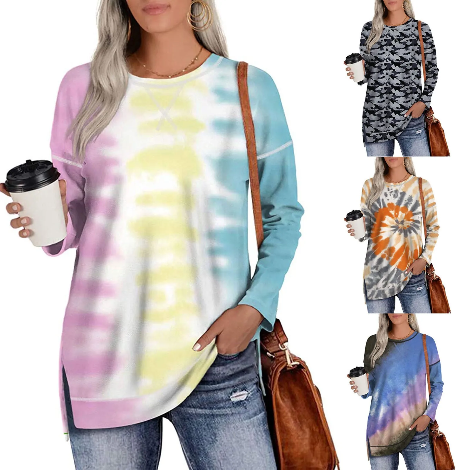 

S-XXL Autumn and winter ladies long-sleeved tie-dye printed round neck sweater T-shirt to keep warm among us Casual fashion F4